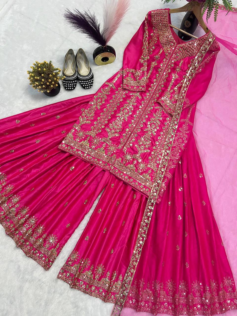 Modern Magenta Heavy Embroidered Ensemble